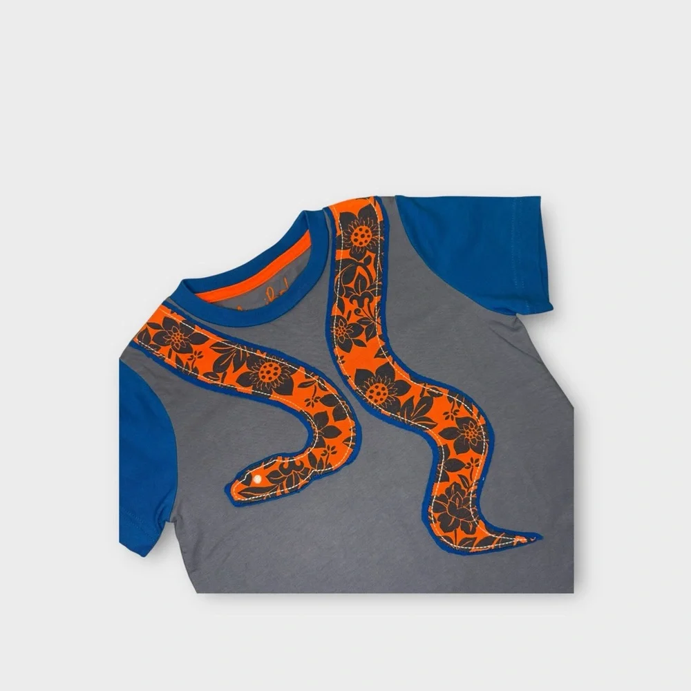 Mini Boden Neon Orange Snake Floral Applique Gray Shirt